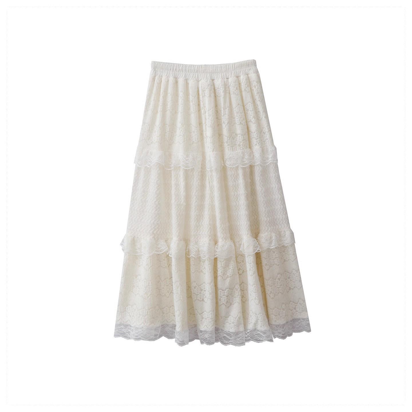 2025 A/W Women s High-Waist Lace Trim A-Line Velvet Midi Skirt One Size абрикосовый