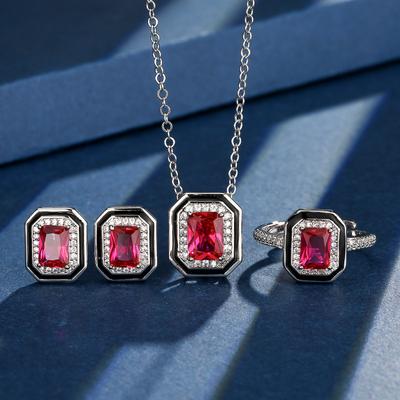 Joyería Fondo de Cobre Chapado en Oro Retro Simulación Corindón Rojo Diamante Cuadrado Conjunto de Viento Femenino 6 * 8-5 * 7