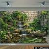 2D Lush Waterfall Pond Backdrop Stone Wall Green Plant Photography Background
