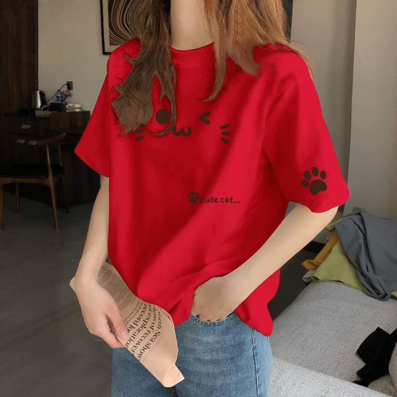 Women's Round Neck Short Sleeve Graphic Top Loose Fit Casual T Shirt 2026 Spring Pure Cotton Mid Length Pullover with Cute Cat Face Paw Print Pattern
