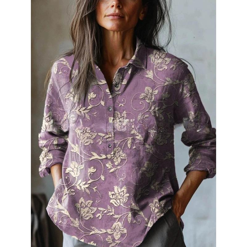 Summer Women's Loose Printed Round Neck Casual Plus Size Women's Long Sleeve T-shirt