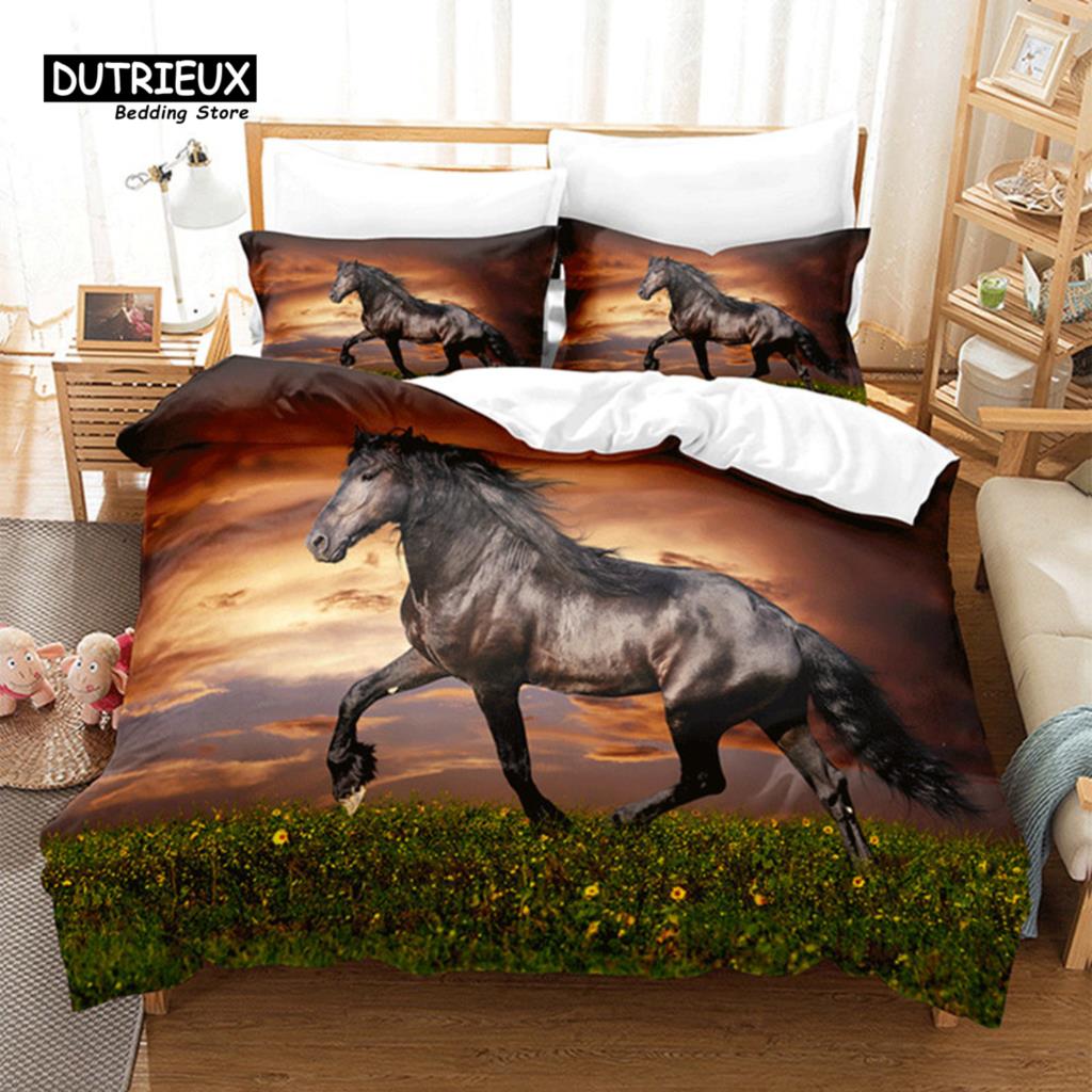 Unicorn Horse Bedding Set 3D Animal Print Duvet Cover Galloping Horse Comforter Cover Queen For Boys Teens Adults Decor Bedroom