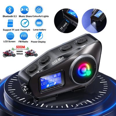 Bluetooth Motorcycle Intercom Helmet Headset V5.3 Interphone TF Card Music Playing LED Light LCD Screen Music Share For 2 Riders