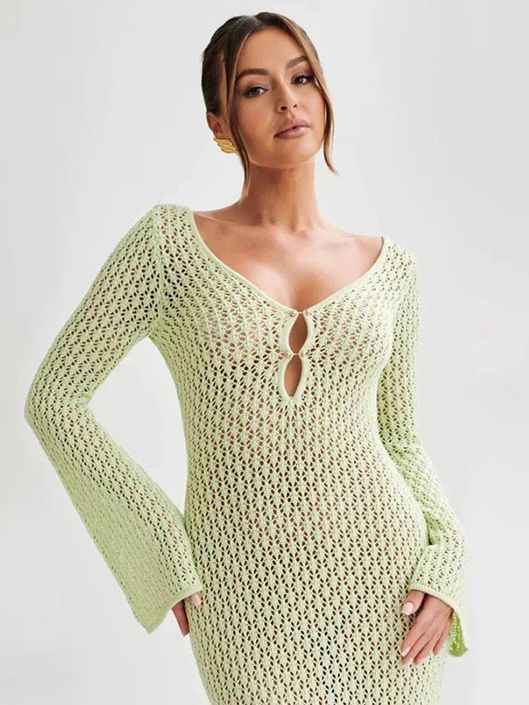 Trendix tricotat croșetat acoperire rochie femei alb gol cu ​​mânecă lungă Maxi rochii vacanță cu decolteu în V, fără spate, rochie de plajă pentru femei