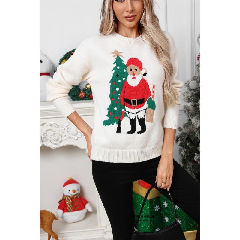 Świąteczny Sweter Dzianinowy Pulower Okrągły Dekolt Casualowy Żakardowy Sweter Świąteczny i Noworoczny Top