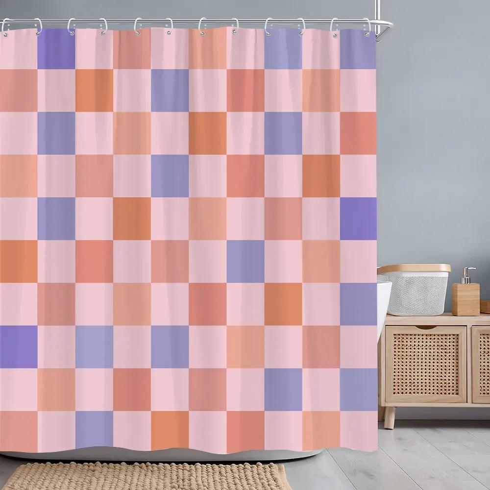 Abstract Geometric Line Square Graphic Shower Curtain Colourful Grid Polyester Fabric Shower Curtains Bathroom Decor with Hooks