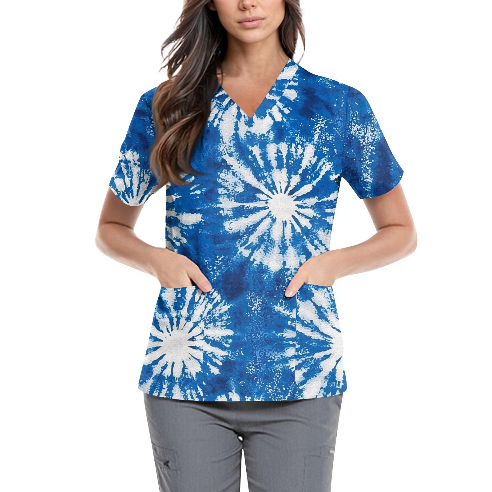 

Женская симпатичная принтованная рабочая одежда с V-образным вырезом, двухслойными карманами, базовым коротким рукавом, пуловером ко Дню святого Валентина S синий