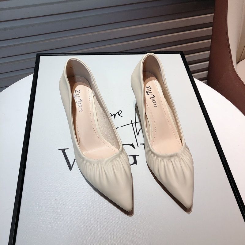Korean Version of the New Gentle Fairy Wind Pleated Shoes Pointed Head Shallow Mouth Thin Heel Single Shoes Women's Versatile Soft Leather High Heels