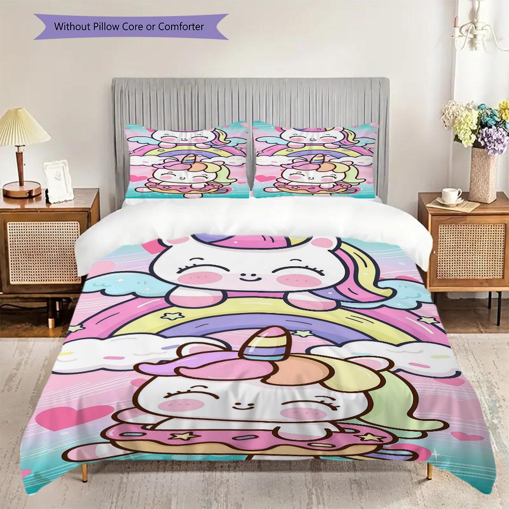 Unicorn Rainbow Dreams Cute Illustration Threepiece Set 1 Duvet Cover 2 Pillowcase Without Core Christmas Birthday Gift