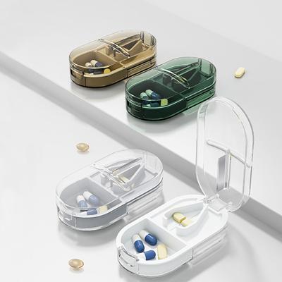 Klare tragbare Pillenschneiderbox, Lebensmittelqualität, scharfe Edelstahlklinge, 2-in-1, multifunktionaler Organizer für Reisekapseln, Tablets, Aufbewahrungsbehälter
