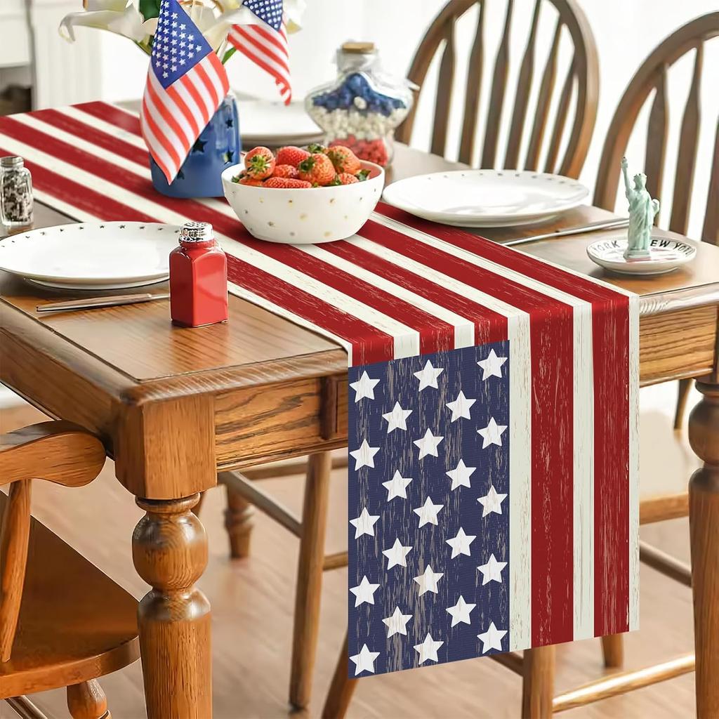 4th of July American Flag Linen Table Runner Dresser Scarve Decor Red White Blue Kitchen Dining Table Runner Holiday Party Decor