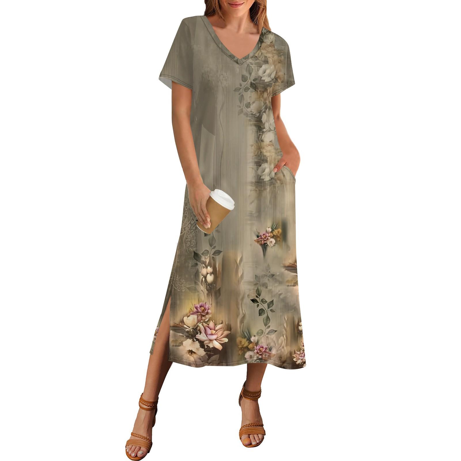 

Women s Summer Polka Dot Print Dress Short Sleeve Beach Dress With Pocket Casual V-neck Hem Side Slit Dress L армія зелений колір