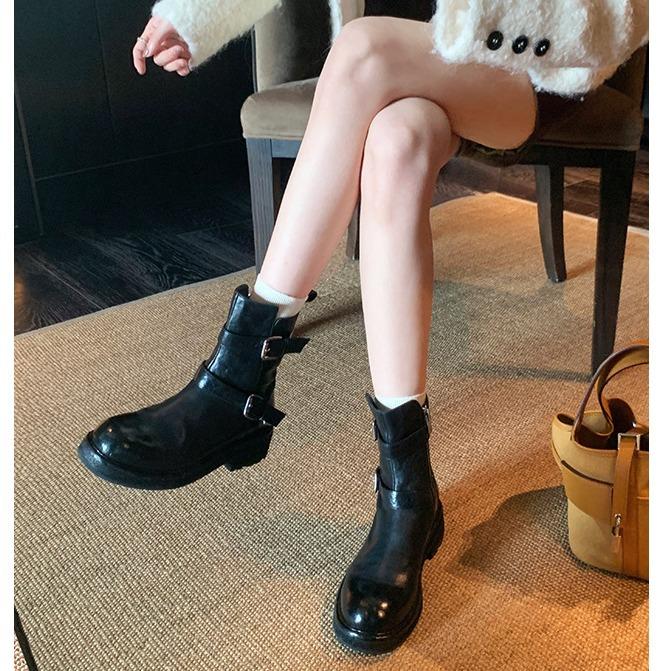 Seconds Hair~ Grape Mother Internet Celebrity Explosion One-word Buckle with Thick Bottom Washed Shrink Pattern Horse Skin Thin Short Boots Women