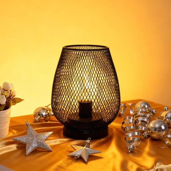 Birdcage Shaped Table Lamp Battery Operated Iron Mesh Shade Night Light for Bedside Bar Cafe Bedroom