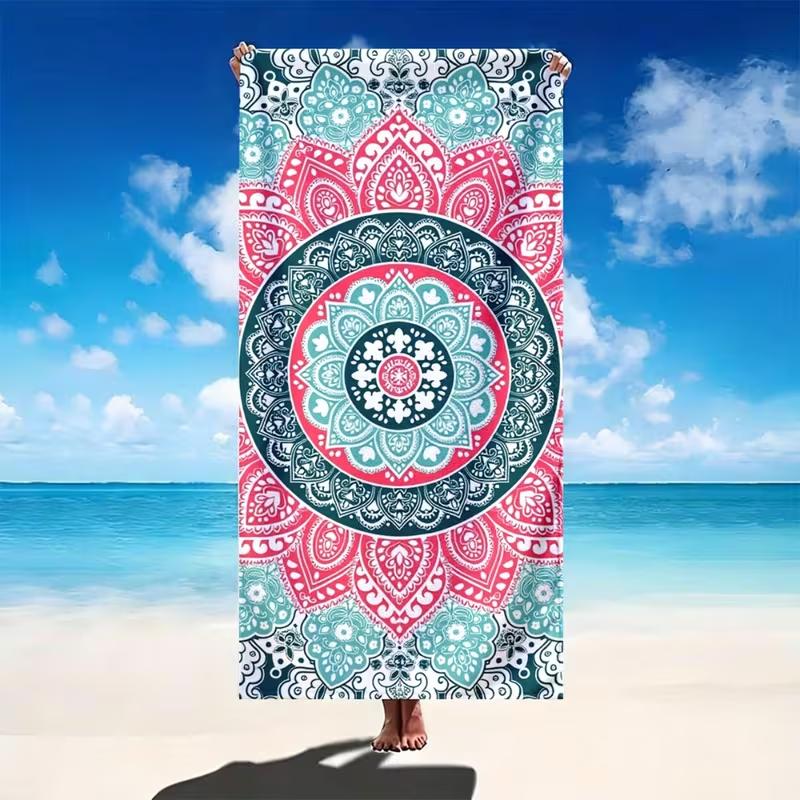Ethnic Geometric Flowers Beach Towel Boho Floral Line Art Print Quick Dry Sandproof Absorbent Towel for Beach Travel Vacation