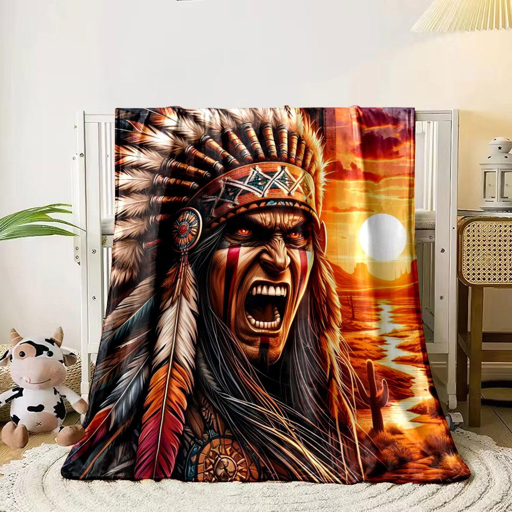 Feathered headdress with sunset, desert, and river in the background. for all seasons blanket lunch break throw gift 80cm x 120cm
