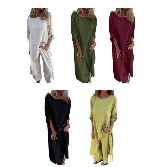 Women's Irregular High Low Hem Two Piece Set O-Neck Slit Top Wide