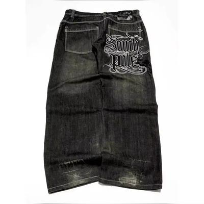 FlowStreet American Y2K Street Trend Letter Embroidered Loose Jeans Men Harajuku New Hip Hop Oversized Wide-leg Pants Unisex Mopping Jeans