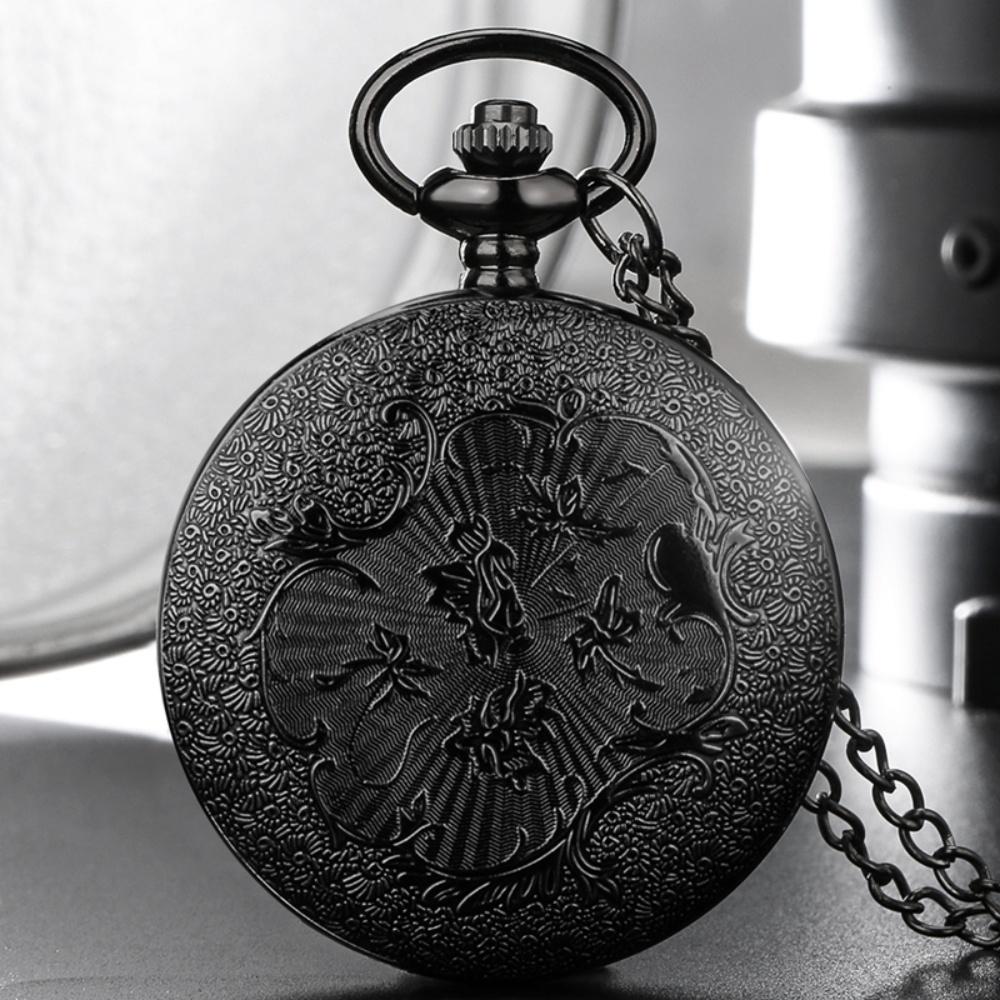Black Hollow Vintage Quartz Pocket Watch Arabic Numerals White Dial Antique Stylish Necklace Pendant Watch Gift Men Women