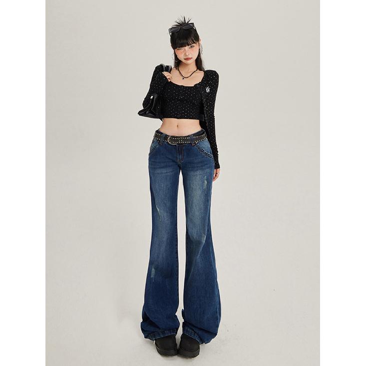 Autumn American Retro Washed Micro Flared Jeans For Women With Low Waist And Spicy Girls, Loose And Slimming Floor Pants