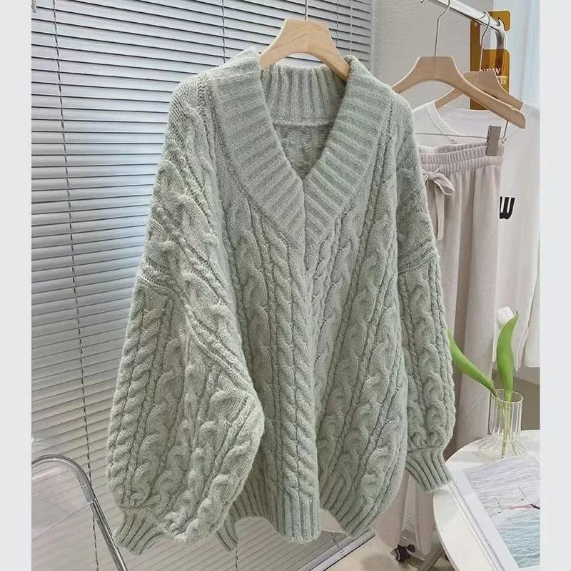 V-Neck Twisted Sweater: All-Match, Soft & Thick Wool Knit for Spring, Autumn, and Winter - Gentle, Lazy Korean Style Top