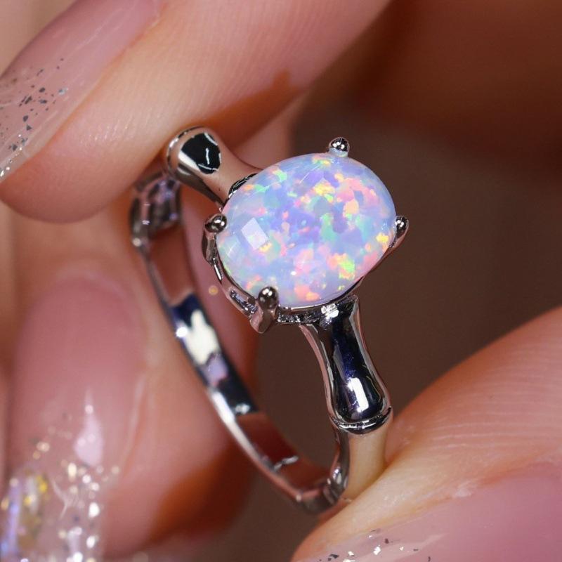Wish Simple White Opal Egg Shaped Bamboo Four-claw Ring Personalized Light Luxury Ring Ring Women no. 5