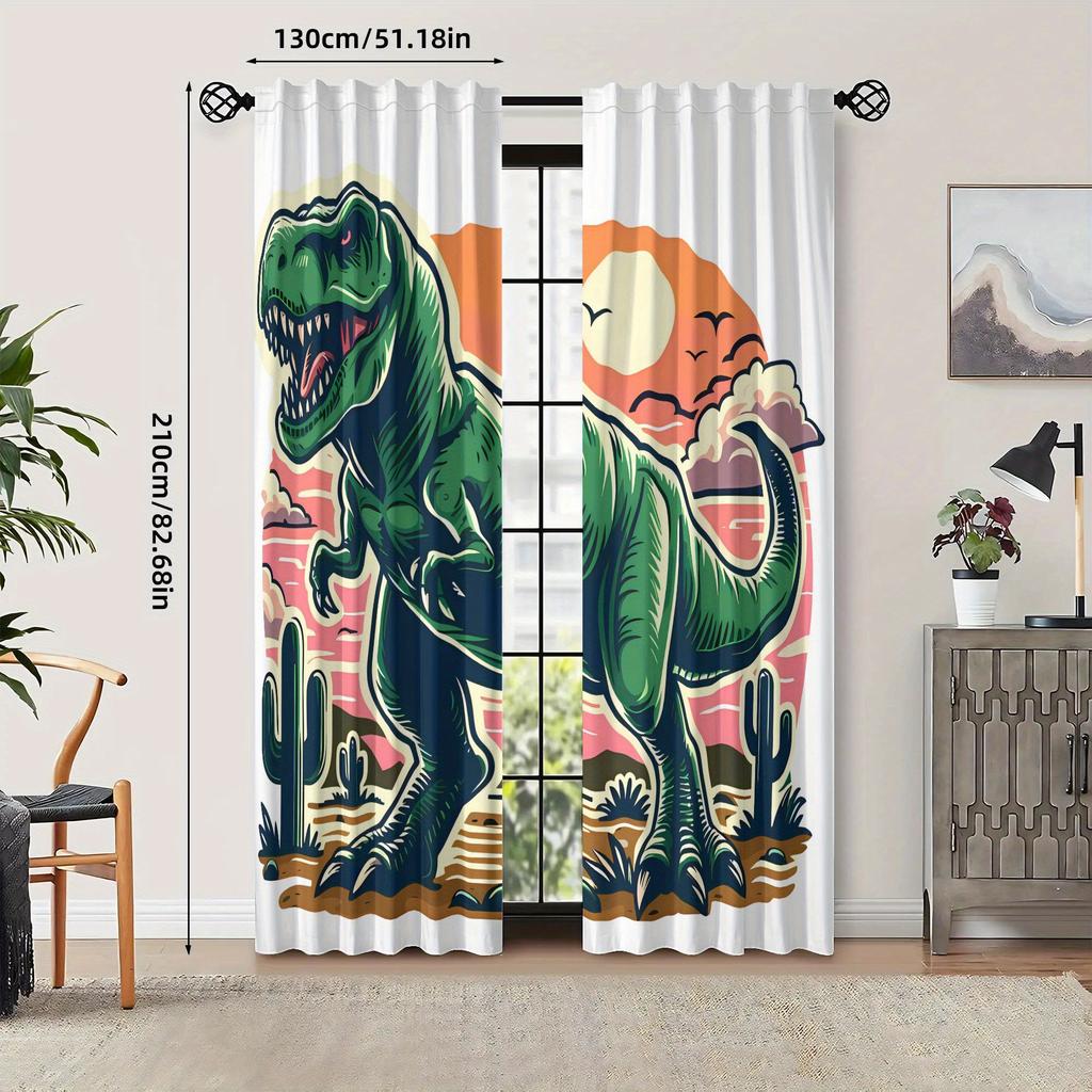 2pcs Vintage Tyrannosaurus Rex Dinosaur Curtain - Blackout, Rod Pocket, Machine Washable Polyester, 100-120gsm, Creative Desi