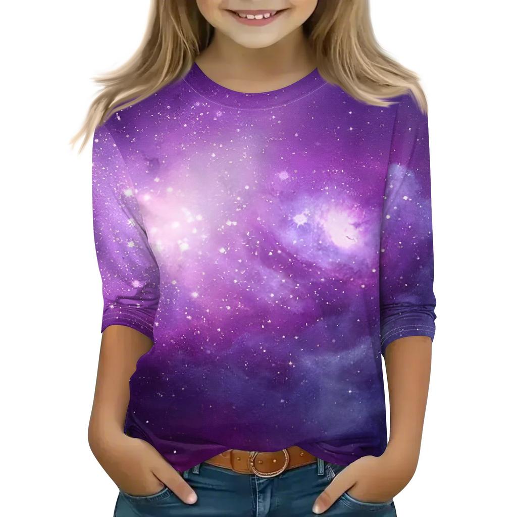 Koszulki z nadrukiem dla dziewczynek w wieku 5-16 lat, okrągły dekolt, rękawy 3/4, modne koszulki, stroje, koszulki