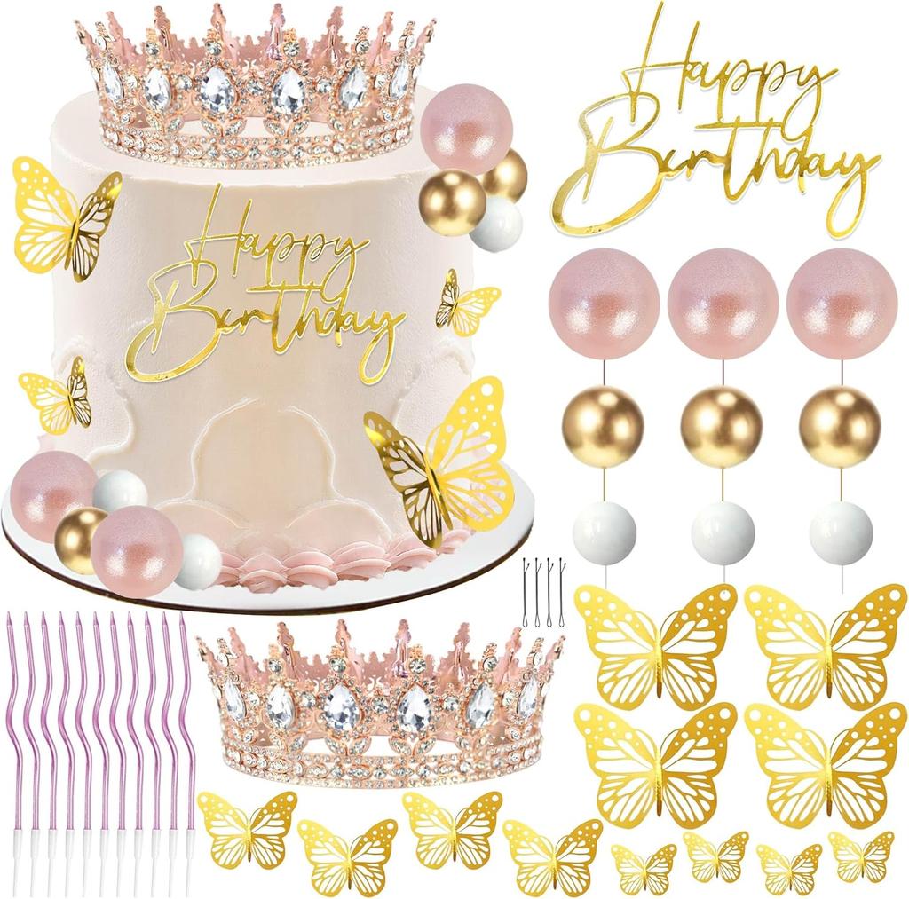 Crown Cake Topper Crown Birthday Candles Gold Butterflies, Corona Para Pastel, Cake Decorations for Birthday Wedding Party