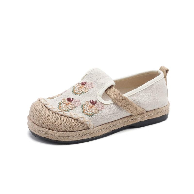 Johnature Pantofi din Pânză Brodați în Stil Etnic, Handmade, din Bumbac și In, cu Talpă Moale, Respirabili, Pantofi Plați de Damă