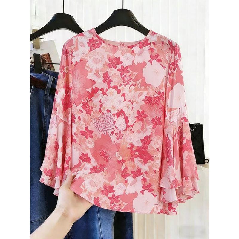 

Spring New Style Light Luxury Delicate Pink Faux Silk Printed Fashionable Three-Quarter Ruffle Sleeve Round Neck Pullover Loose Top Pink M