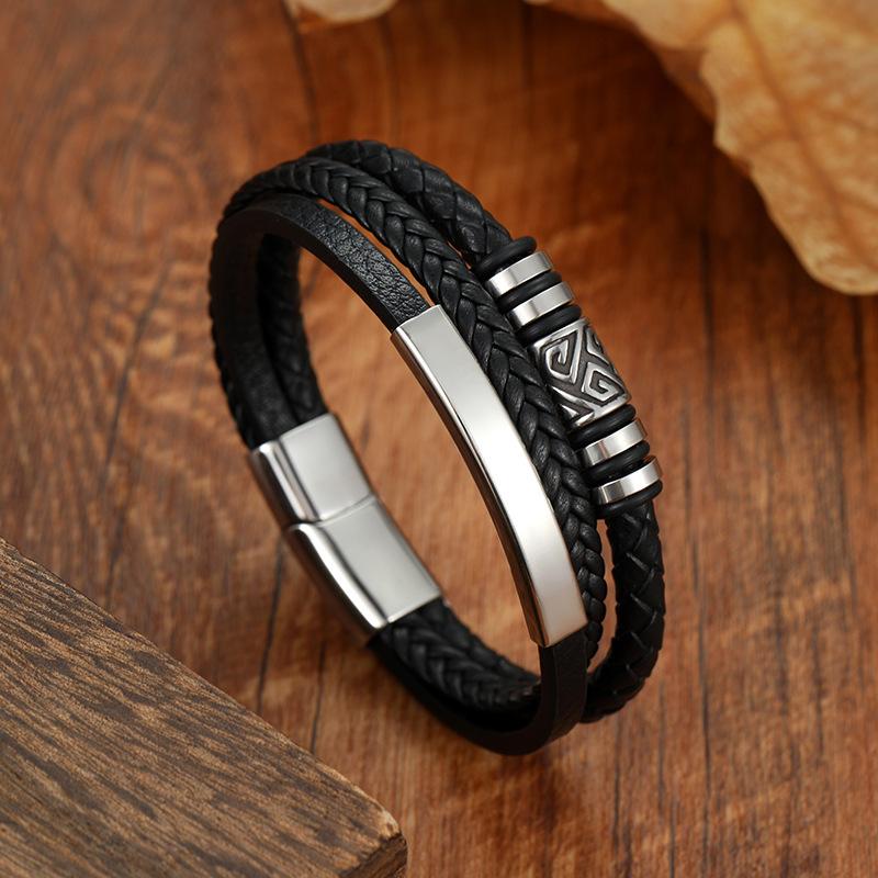 

Magnetic Clasp Multilayer Braided Leather Bracelet For Men Titanium Steel Tribal Bangle Accessory чёрный