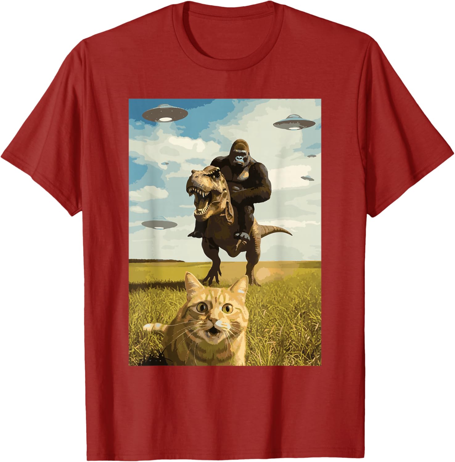 Gorilla Riding T Rex with Cat UFO Meme Graphic Tee Funny Casual Crewneck TShirt for Men S
