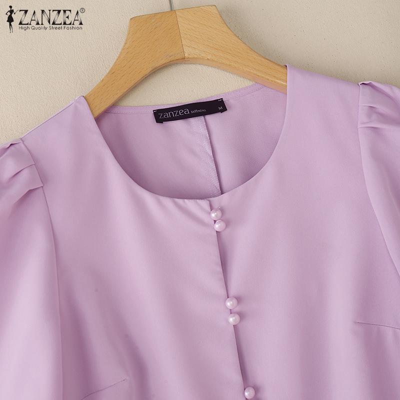 ZANZEA Women Casual Round Neck 3/4 Sleeve Summer Plain Blouse