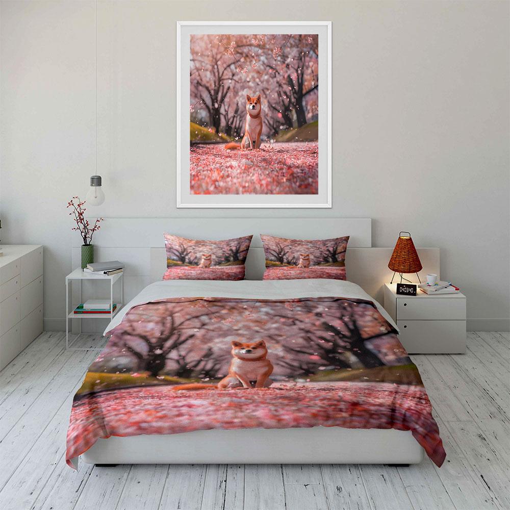 Dog Cherry Blossom Scenery Set Multiple Sizes Kid'S And Adults' Bedroom Exquisite 3Pc Bedding Set, Gift