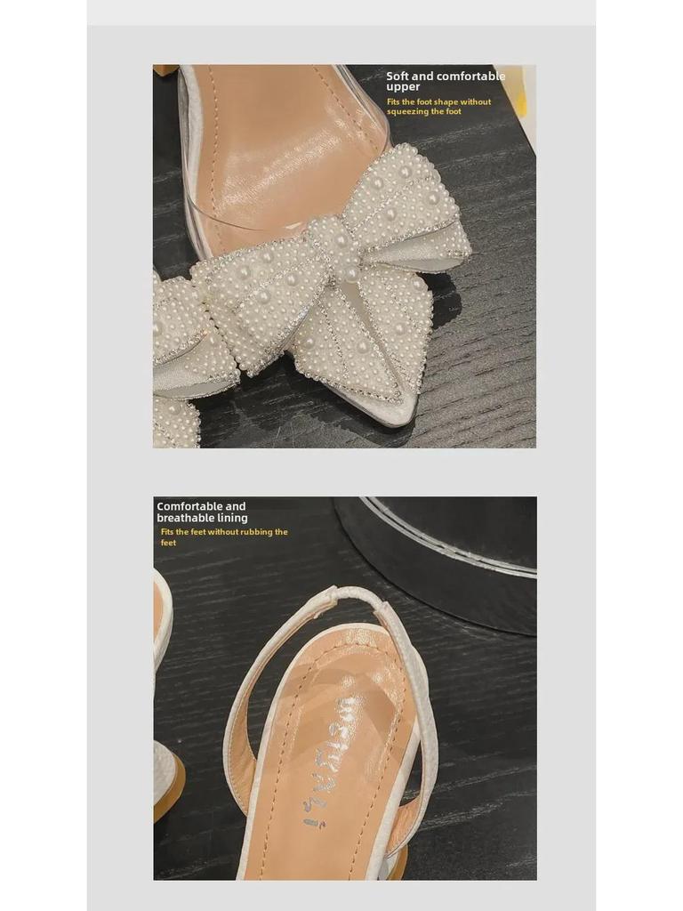 2024 Summer Women's Pearl Bow Transparent High Heel Sandals