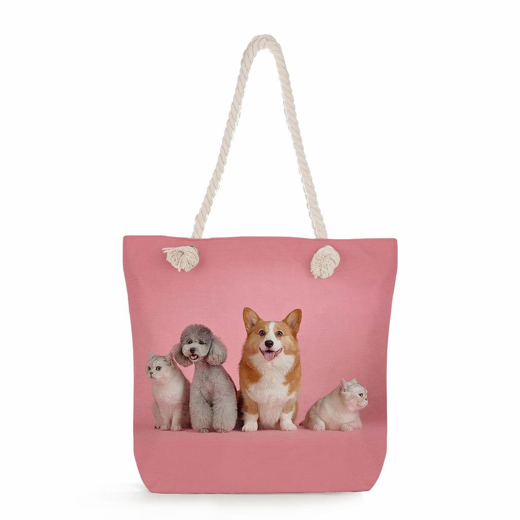 Multifunctional Dog Printed Thick Rope Shoulder Beach Bag Casual Large Capacity Handbag 7621 KTB