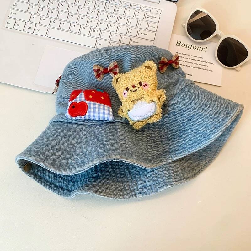 Cute Bear Cowboy Fisherman Hat Children Summer Big Brim Washbasin Hat Cartoon Outdoor Sun Hat