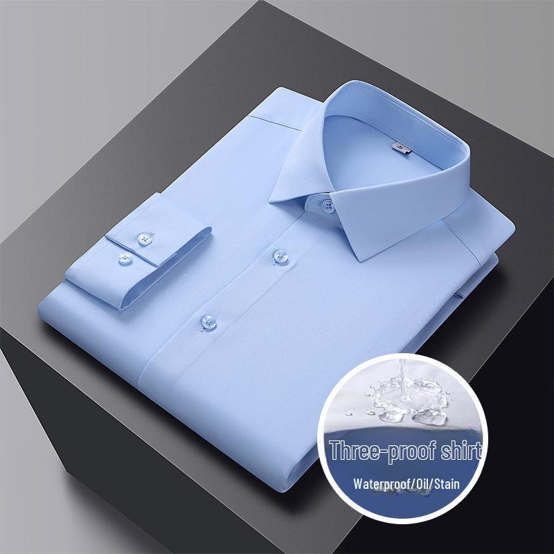 Men's Solid Color Three-Proof High-End Stretch Shirt - Non-Iron, Long Sleeve, Professional Formal Wear, Spring Collection.