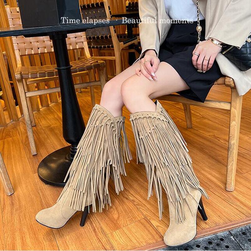 High-Heeled V Mouth Fringed Women's Boots Round Toe 10cm Square Heel High Tube Boots Fashion Sexy Flock Women Shoes Size 34-39