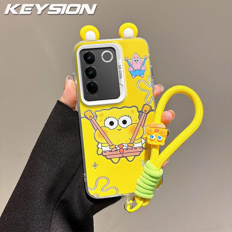 KEYSION Cute Ear Cartoon Case for VIVO V27 5G with Lanyard Soft Silicone+PC Shockproof Phone Back Cover for VIVO V27 5G