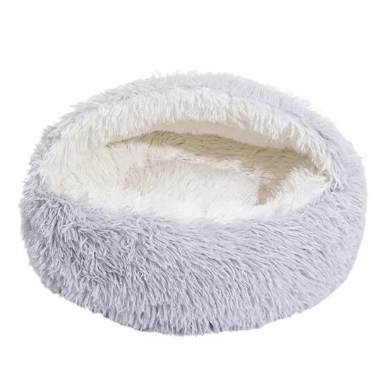 Pet Shell Nest Bed Warm Calming Cat Cave Bed with Hooded Cover Semi Enclosed Fluffy Plush Lined Round Bed for Small Medium Pets