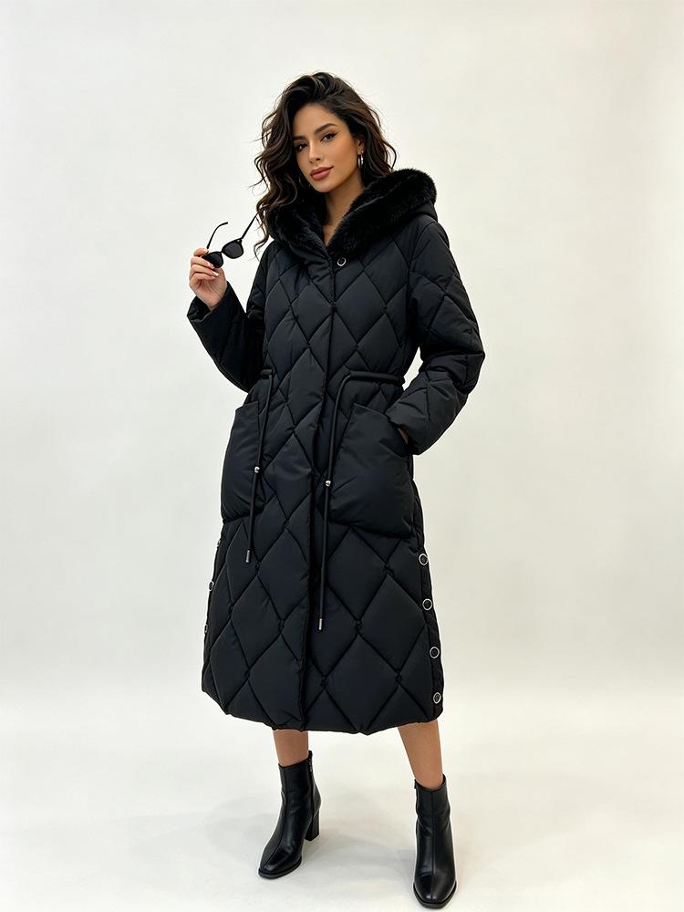Europäische und amerikanische Winter-Damen-Mittel- und Langform, verdickt, Baumwolle, mit Kapuze, Kordelzug, figurbetont, vielseitig, Thermojacke
