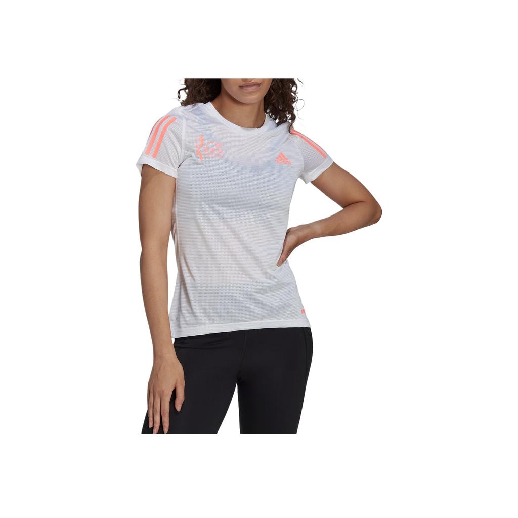 Adidas Own The Run Tee Striped Letter Architectural Print Crew Neck Short Sleeve Regular T-Shirt Women Tops White HZ7706