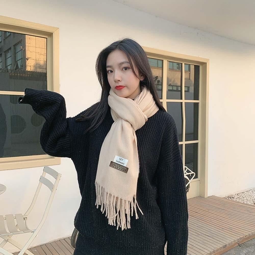 Polyester Solid Color Shawl Windproof Long Neckscarf with Tassel Gifts Classic Wool Scarf  Outdoor