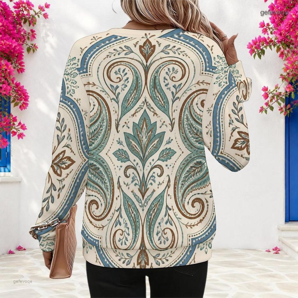 Women Plus Size Teal Floral Printed Round Neck Long Sleeve Pullover Sweatshirt