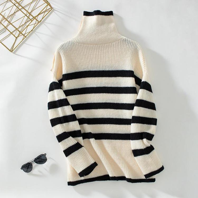 Vintage Loose Stand Collar Long Sleeve Stripe Knitwear Sweater Pullover Top Autumn Winter