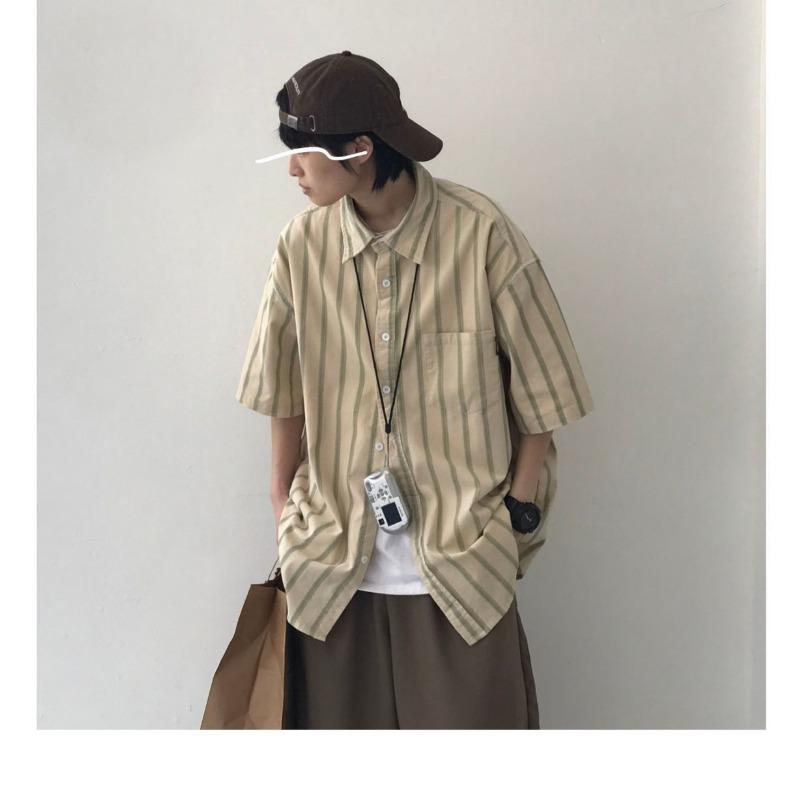 Men's Casual Loose Striped Shirt Oversized Half Sleeve Button Down Cotton Blend Top