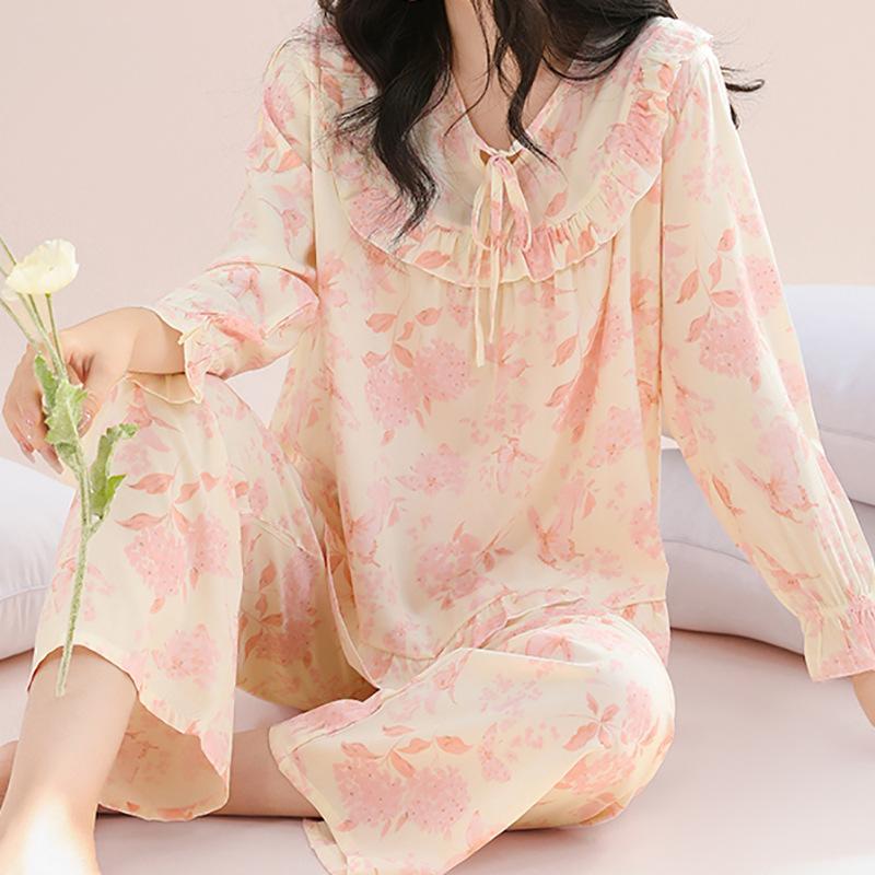 New Women's Cotton Silk Pajamas, Breathable and Loose Double Long Set, Lace Lace Loungewear, Soft and Comfortable