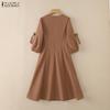 ZANZEA Women Daily Casual Round Neck 3/4 Sleeve Elegant Dress
